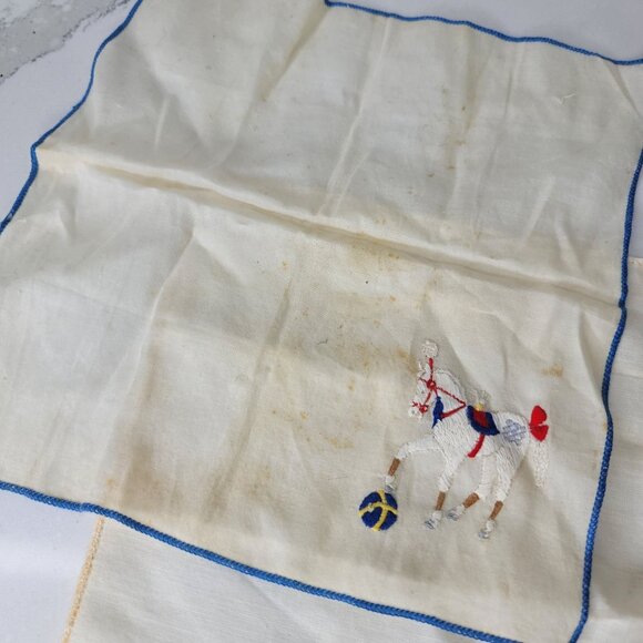 Vintage Handkerchiefs 2 With Embroidered Horse & Cat Blue And Yellow Trim Cotton - Picture 4 of 4